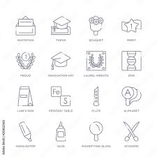 set of 16 thin linear icons such as scissors, magnifying glass, glue,  highlighter, alphabet, flute, periodic table from education collection on  white background, outline sign icons or symbols Stock Vector | Adobe Stock