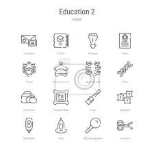 Set of 16 education 2 concept vector line icons such as scissors, • wall  stickers white, stroke, thin | myloview.com