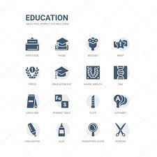 ✓ Simple set of icons such as scissors, magnifying glass, glue,  highlighter, alphabet, flute, periodic table, lunch box, dna, laurel  wreath. related education icons collection. editable 64x64 pixel premium  vector in Adobe